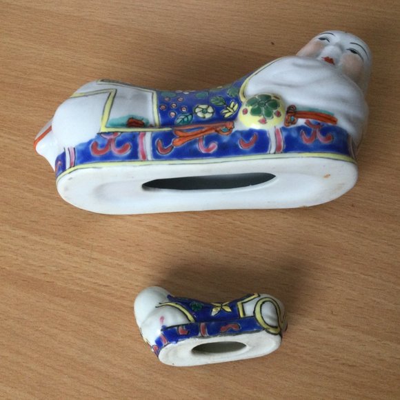 2 Vintage Chinese hand painted enamel baby pillow figurines boys 6" & 2.5" blue - Picture 3 of 5